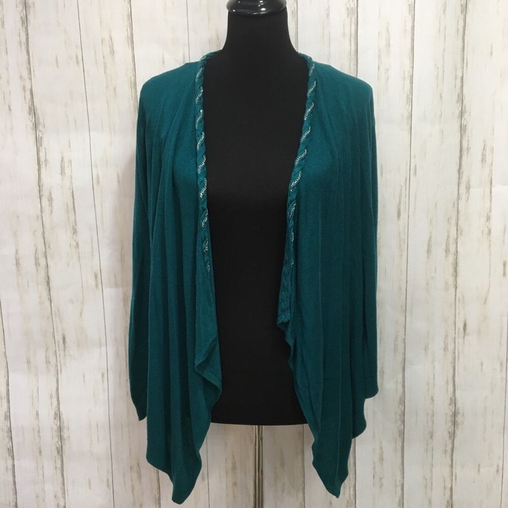 T Tahari green open cardigan with silver chain trim detail size Medium